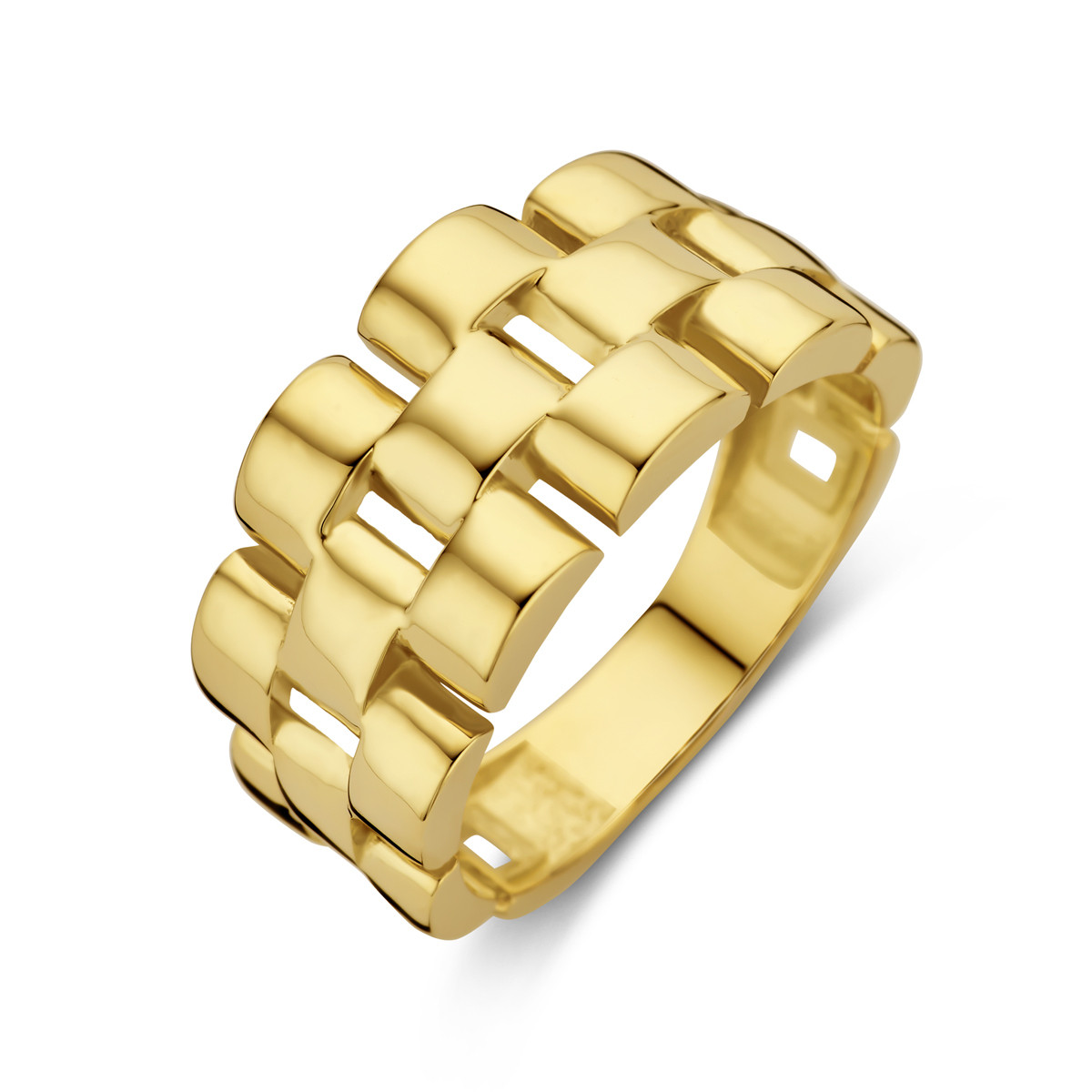 14-karaat gouden glanzende ring met rechthoekige schakels 10 mm breed