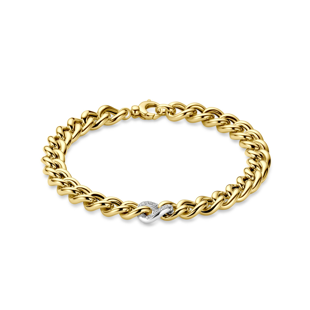 14-karaat gouden gourmet armband met witgouden diamanten schakel 0.12 crt 8.5 mm breed - Lengte 19 cm