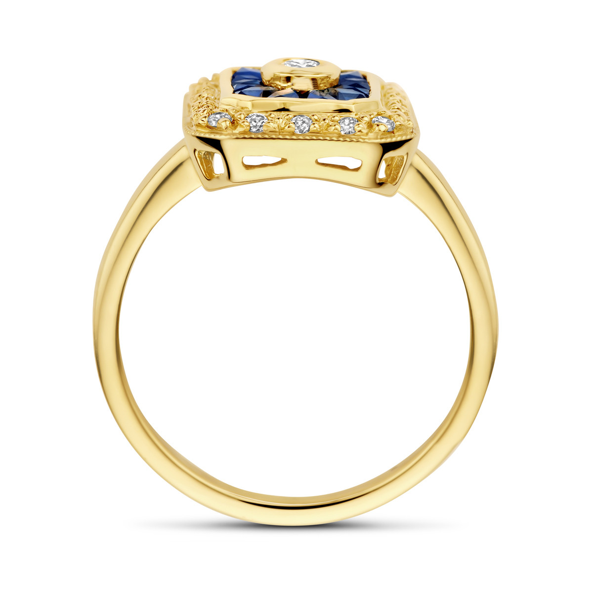 14-karaat gouden halo ring met blauwe saffier en diamanten 0.25 crt 14.5 mm breed