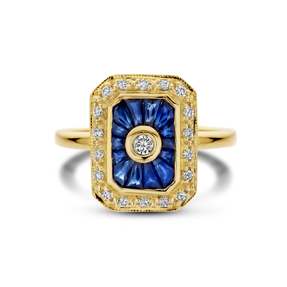 14-karaat gouden halo ring met blauwe saffier en diamanten 0.25 crt 14.5 mm breed