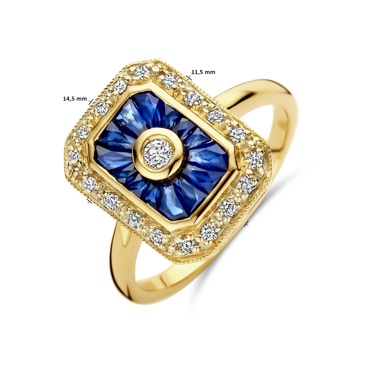 14-karaat gouden halo ring met blauwe saffier en diamanten 0.25 crt 14.5 mm breed