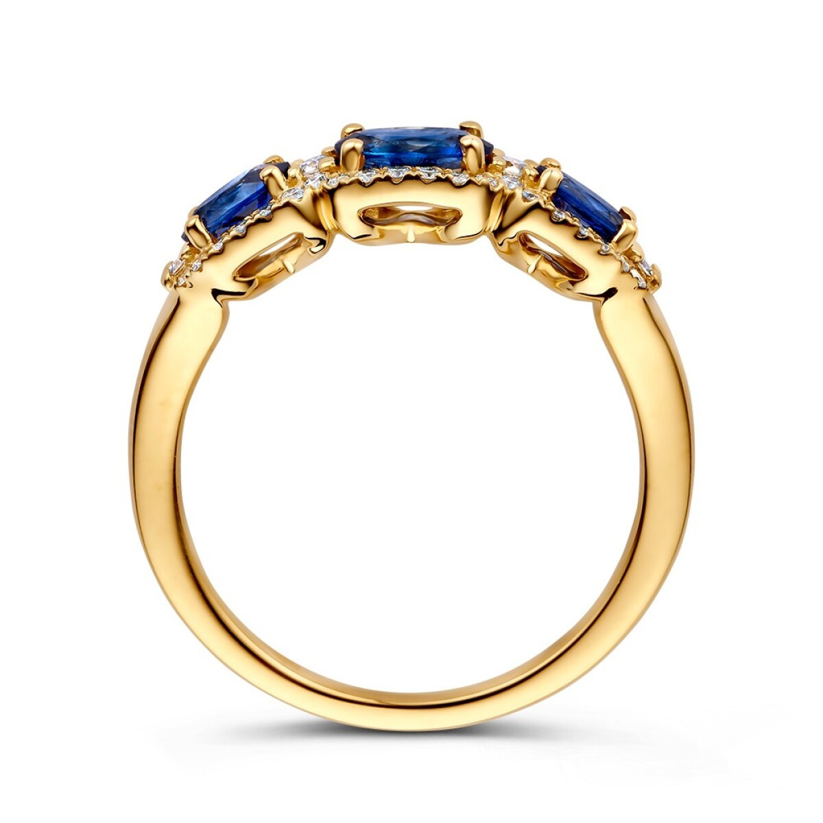 14-karaat gouden halo ring met koningsblauwe saffier en diamanten 0.27 crt 6 mm breed
