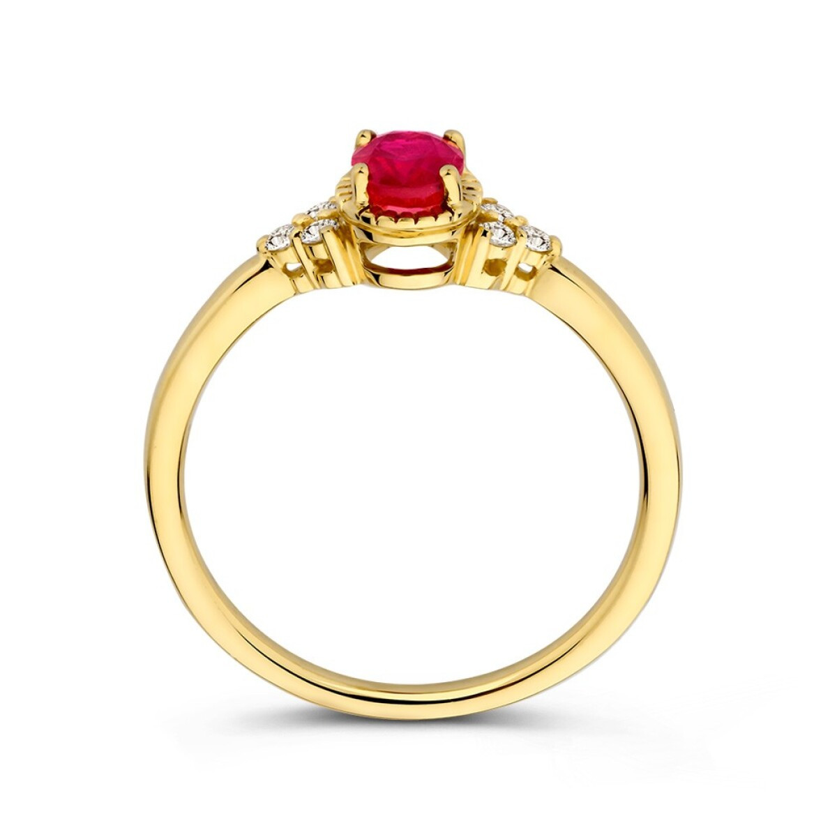 14-karaat gouden halo ring met ovale rode robijn en 0.09 crt diamanten 6.4 mm breed