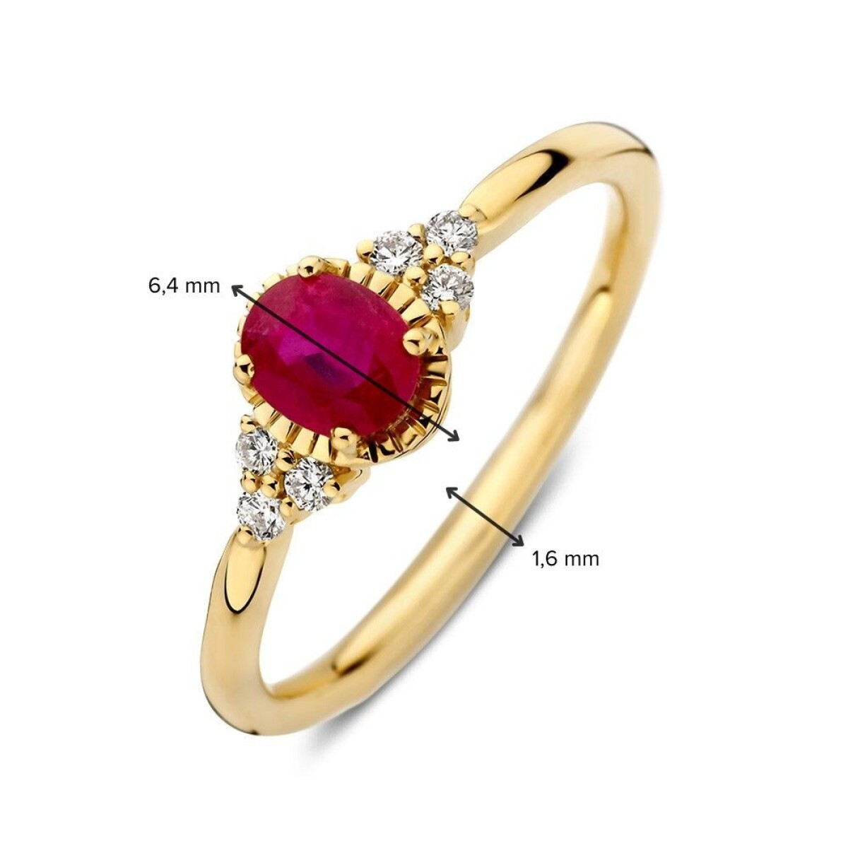 14-karaat gouden halo ring met ovale rode robijn en 0.09 crt diamanten 6.4 mm breed