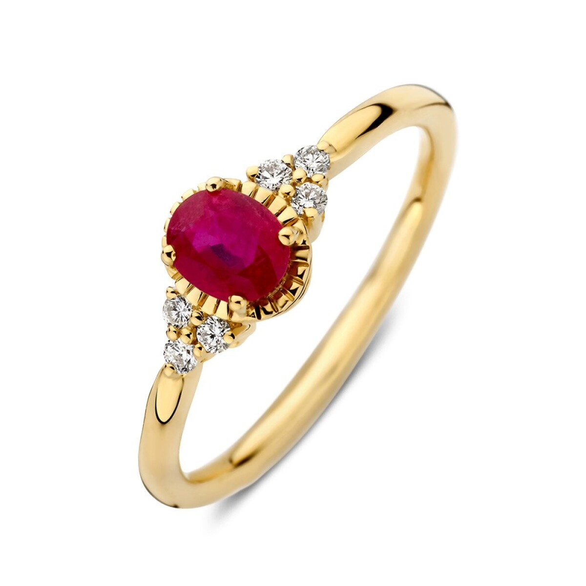 14-karaat gouden halo ring met ovale rode robijn en 0.09 crt diamanten 6.4 mm breed