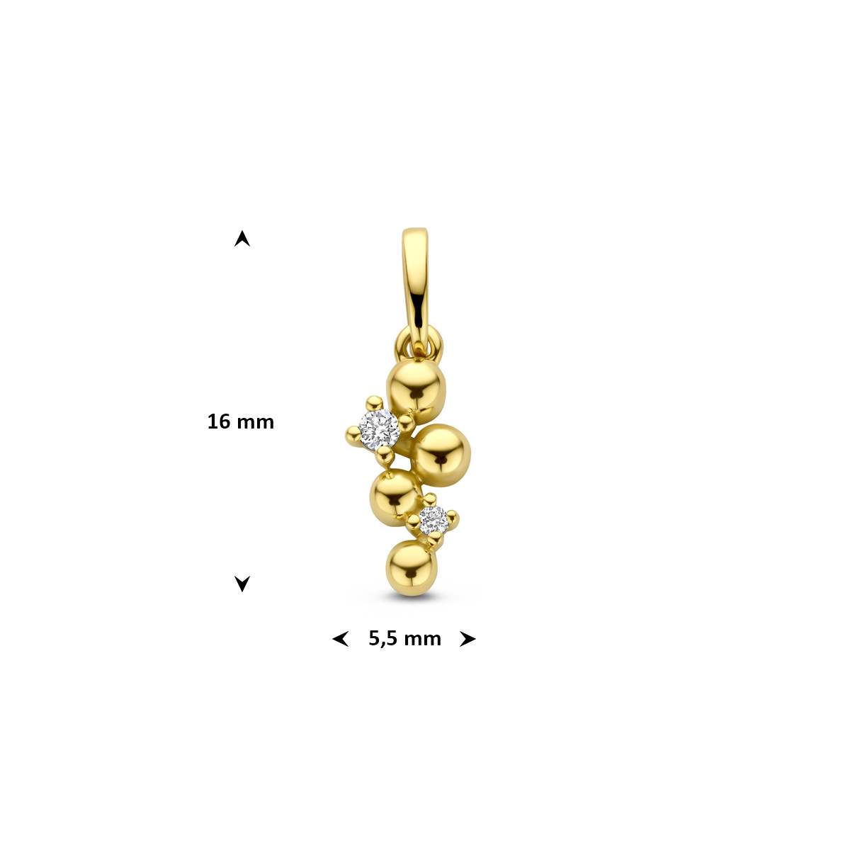 14-karaat gouden hanger met bolletjes en 2 diamanten 5.5 mm breed - Hoogte 16 mm