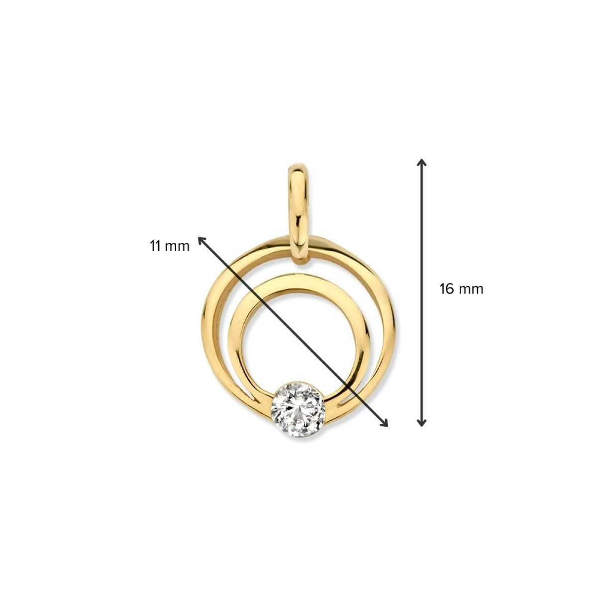 14-karaat gouden hanger met twee open cirkels en zirkonia - Diameter 11 mm