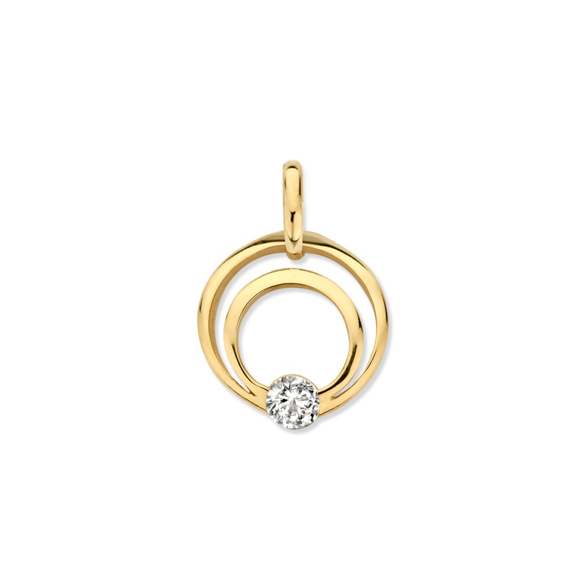 14-karaat gouden hanger met twee open cirkels en zirkonia - Diameter 11 mm