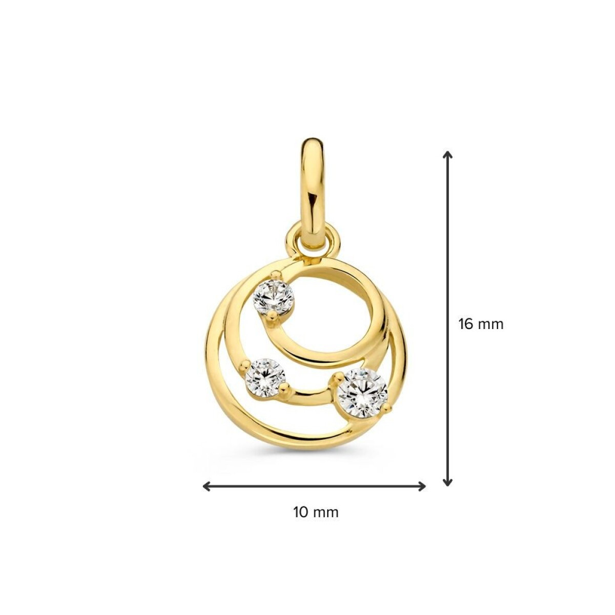 14-karaat gouden hanger met zirkonia's en 3 cirkels 10 mm breed - Hoogte 16 mm