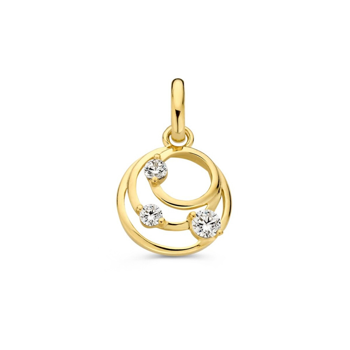 14-karaat gouden hanger met zirkonia's en 3 cirkels 10 mm breed - Hoogte 16 mm