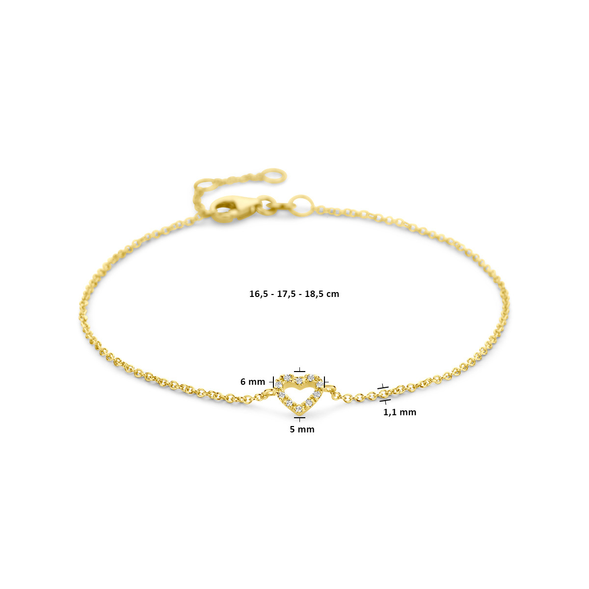 14-karaat gouden hartjes armband ingezet met 0.04 crt diamant - Lengte 16.5-17.5-18.5 cm