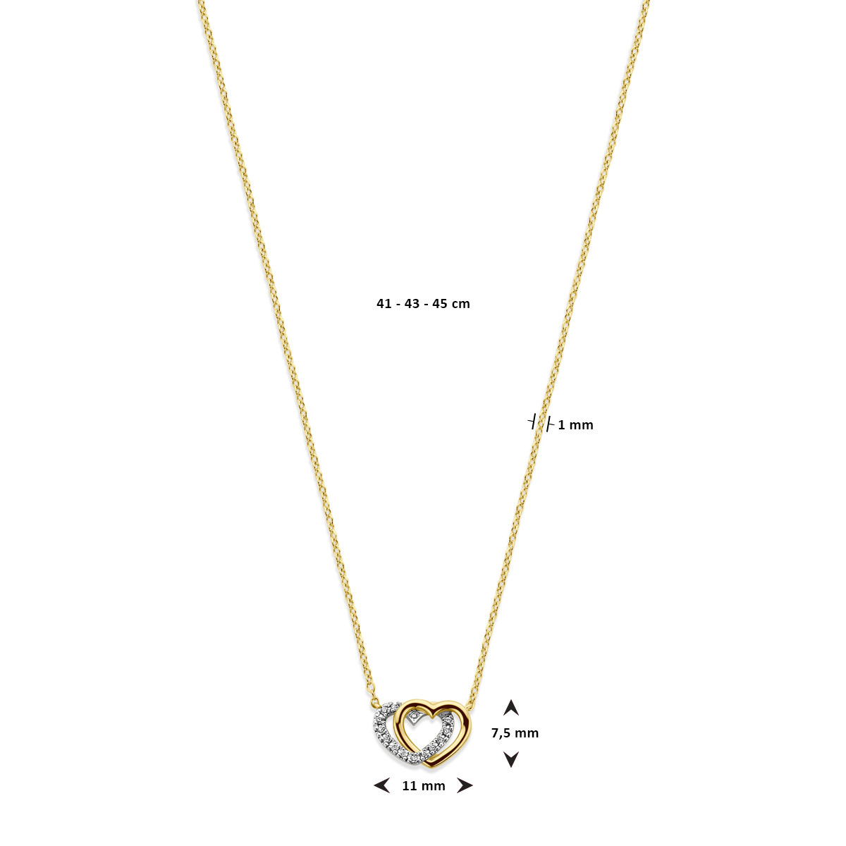 14-karaat gouden hartjes collier met diamanten 0.04 crt - Lengte 41-43-45 cm