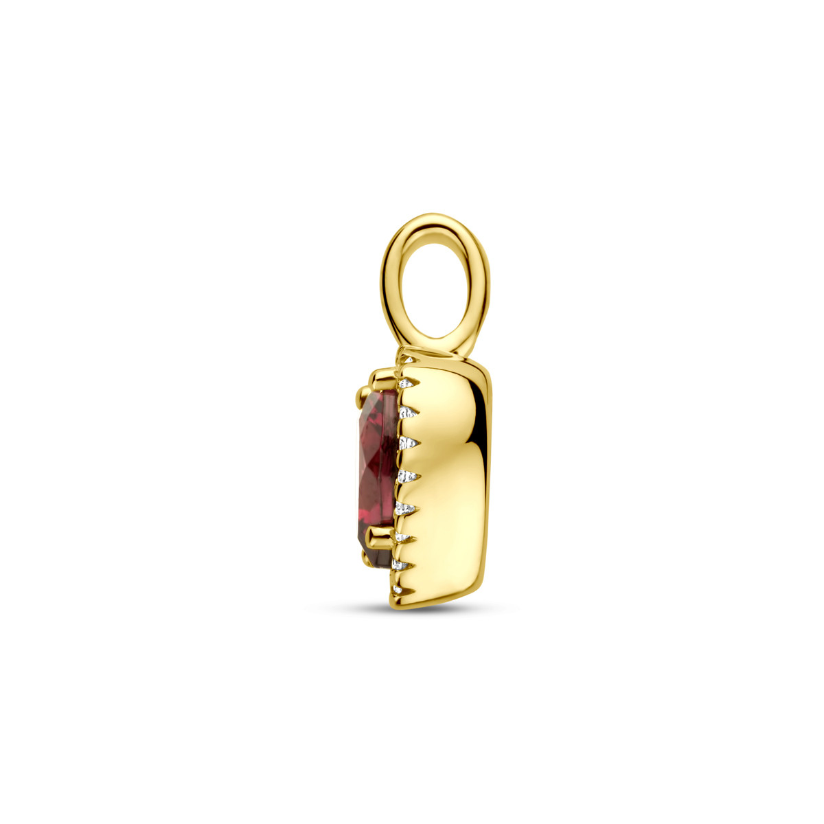 14-karaat gouden hartjes hanger met 0.06 crt diamanten en rode rhodoliet 8.5 mm breed - Hoogte 13 mm
