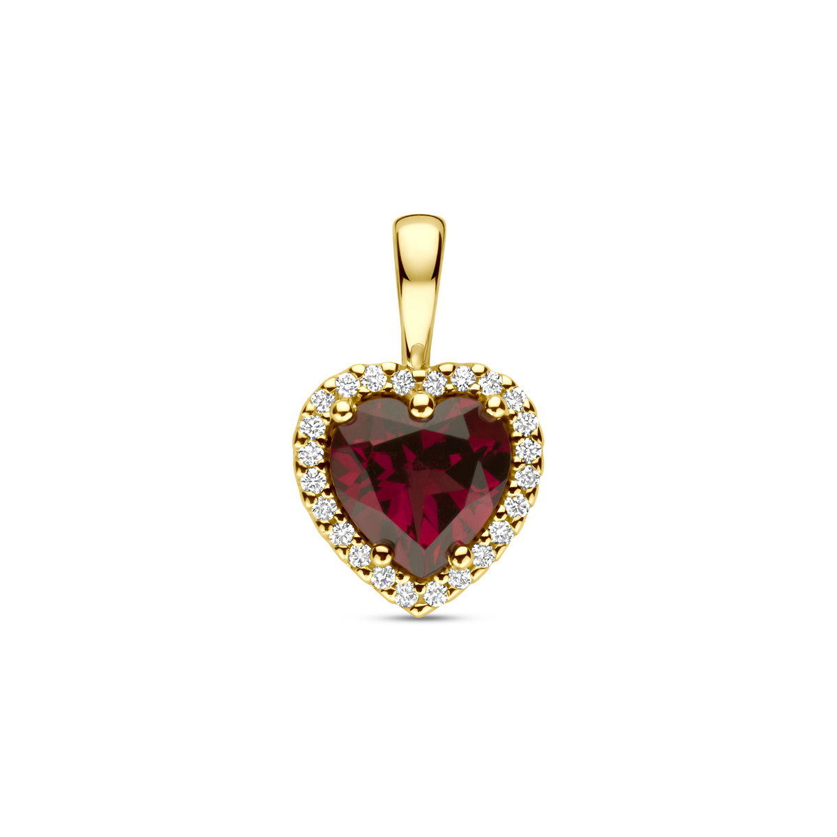 14-karaat gouden hartjes hanger met 0.06 crt diamanten en rode rhodoliet 8.5 mm breed - Hoogte 13 mm