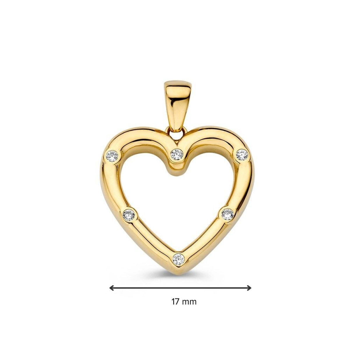 14-karaat gouden hartjes hanger met 6 transprante zirkonia's - Breedte 17 mm