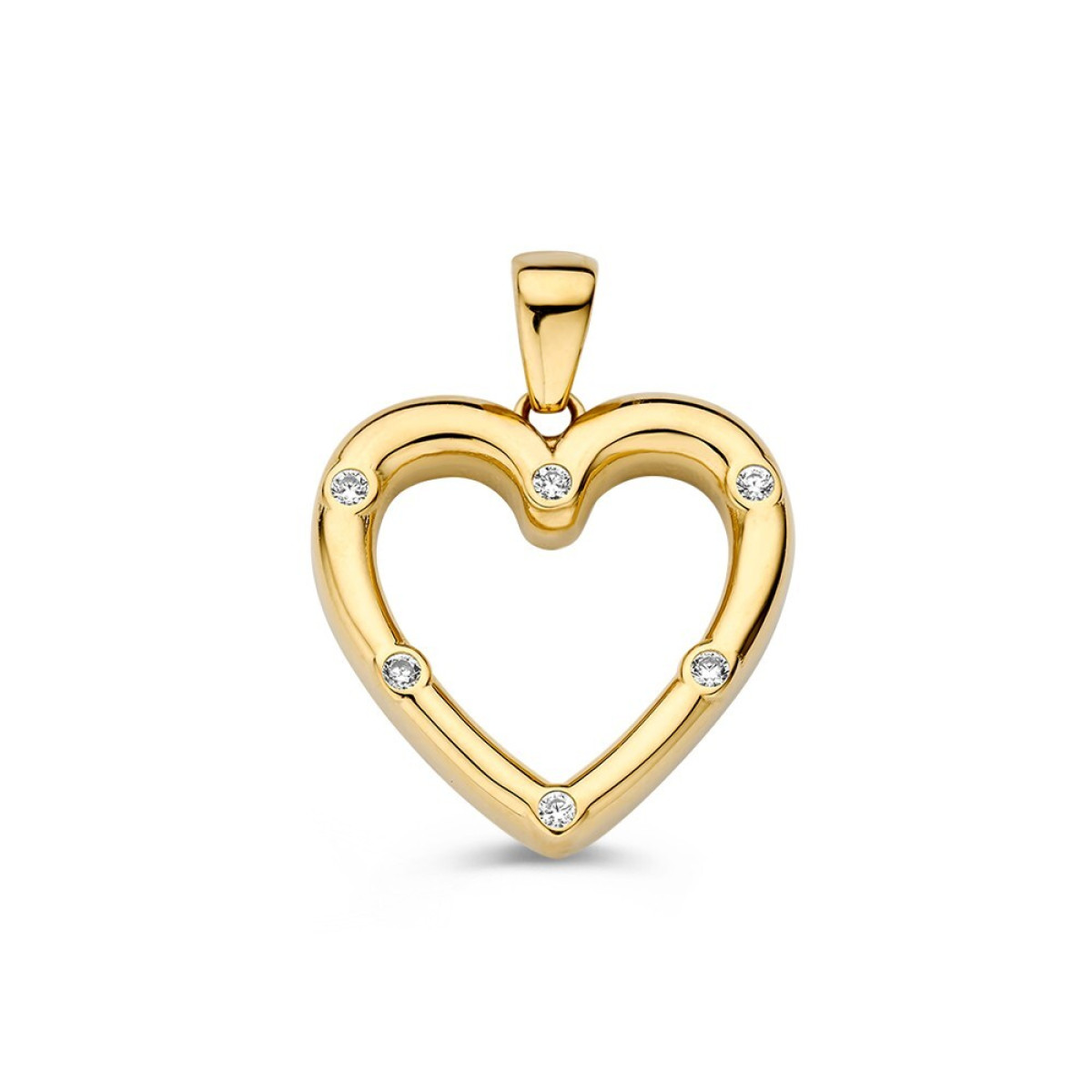 14-karaat gouden hartjes hanger met 6 transprante zirkonia's - Breedte 17 mm