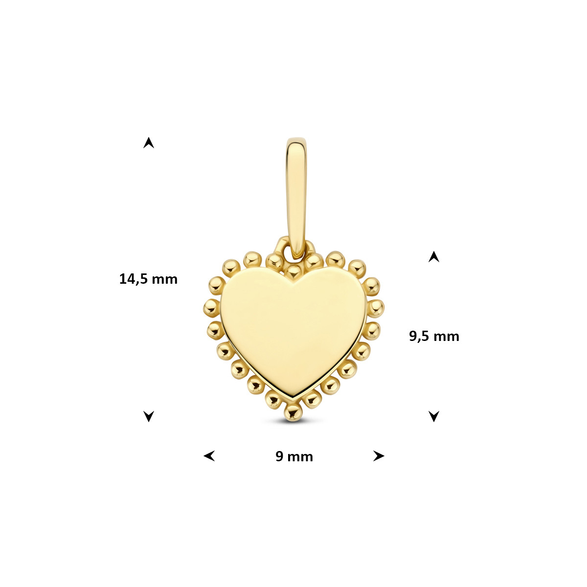 14-karaat gouden hartjes hanger met bolletjes rand 9 mm breed - Hoogte 14.5 mm
