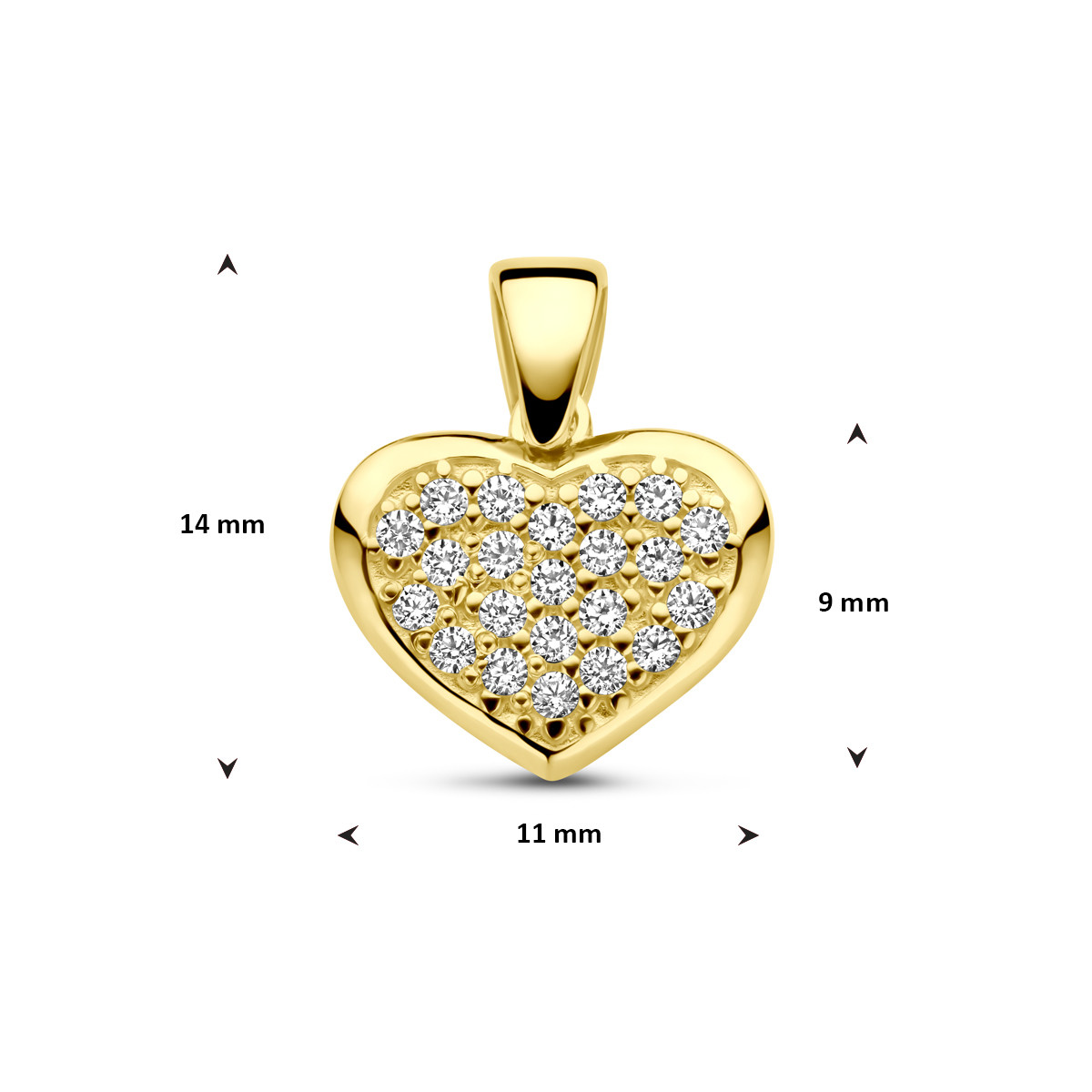 14-karaat gouden hartjes hanger met transparante zirkonia 11 mm breed - Hoogte 14 mm