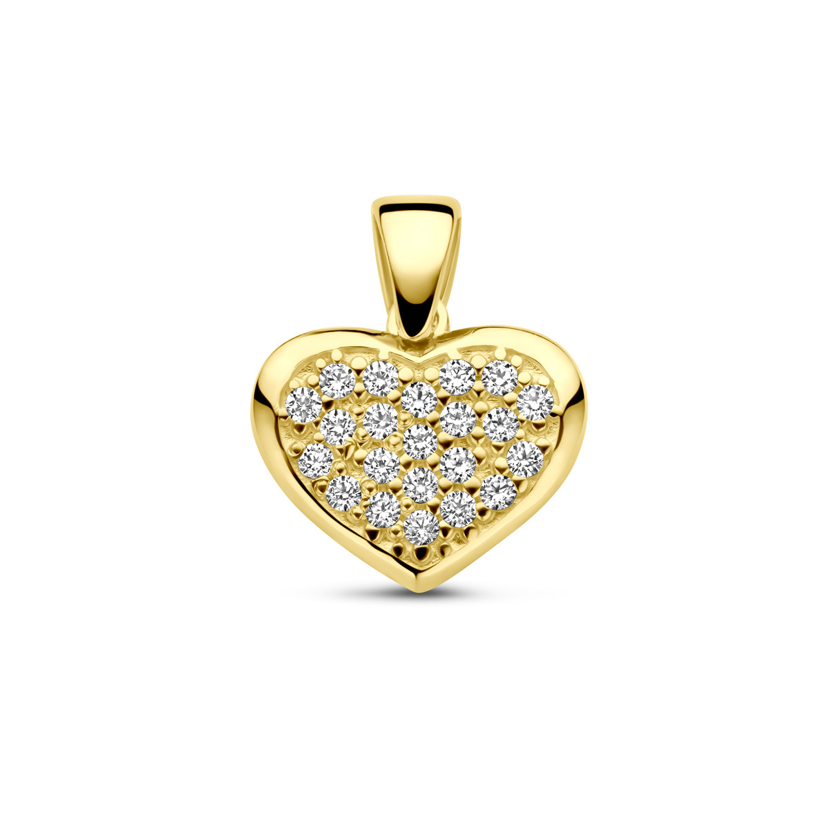 14-karaat gouden hartjes hanger met transparante zirkonia 11 mm breed - Hoogte 14 mm