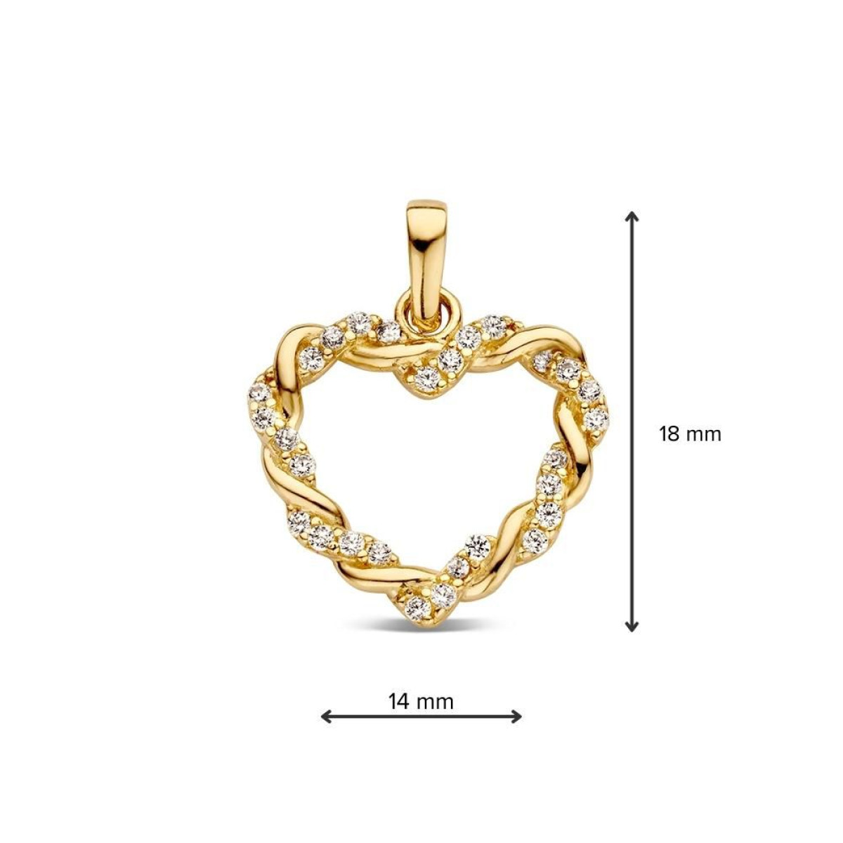 14-karaat gouden hartjes hanger met zirkonia - 14 mm x 18 mm