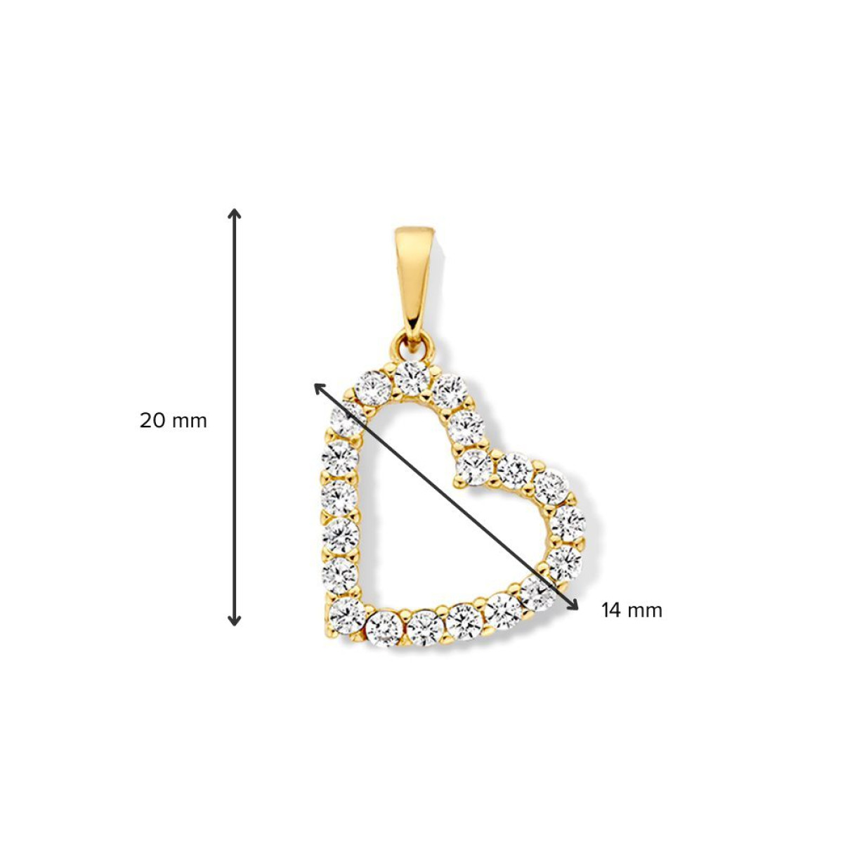 14-karaat gouden hartjes hanger met zirkonia - 14 mm x 20 mm