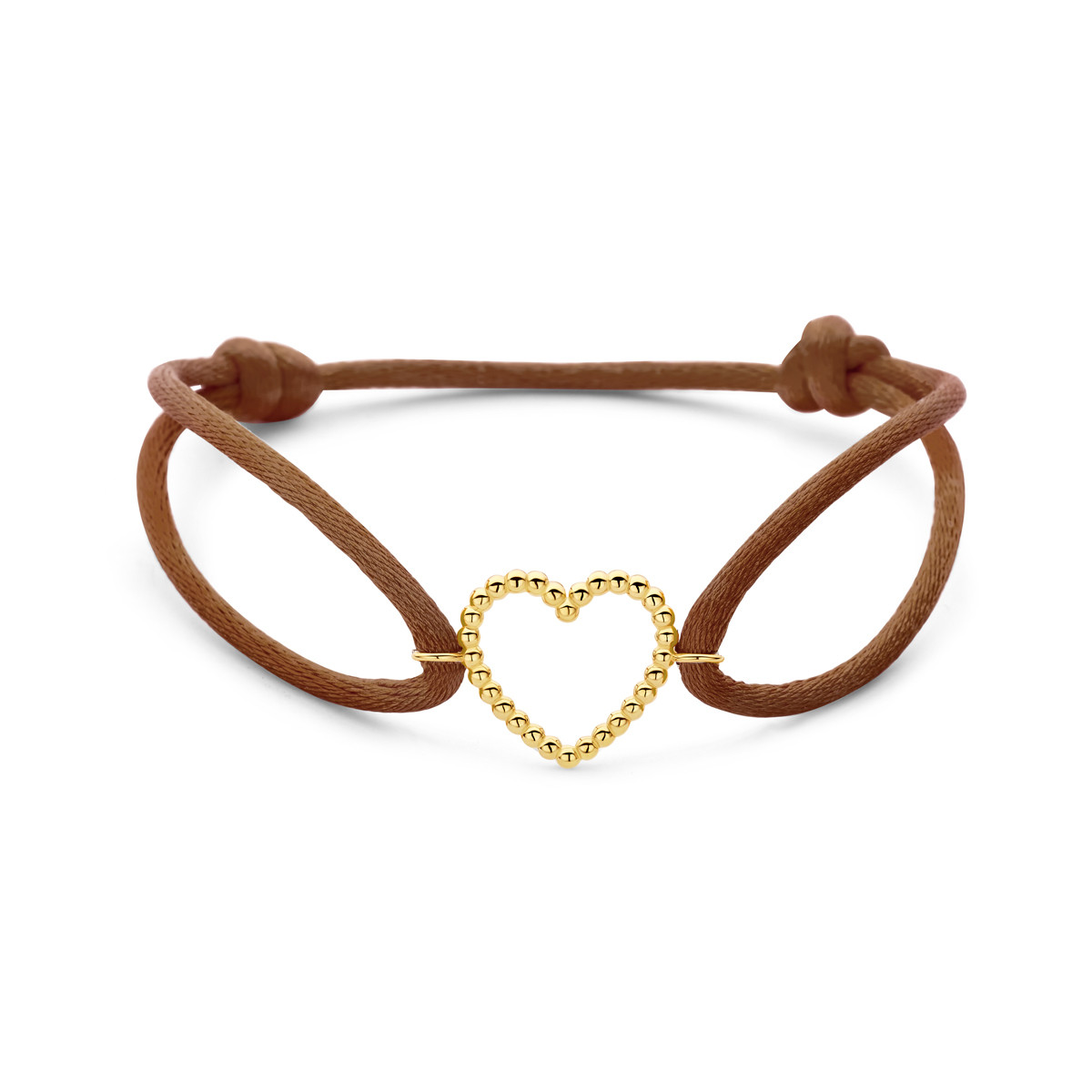 14-karaat gouden hartjes koordarmband van bruin satijn 15 mm breed - Lengte 13-26 cm