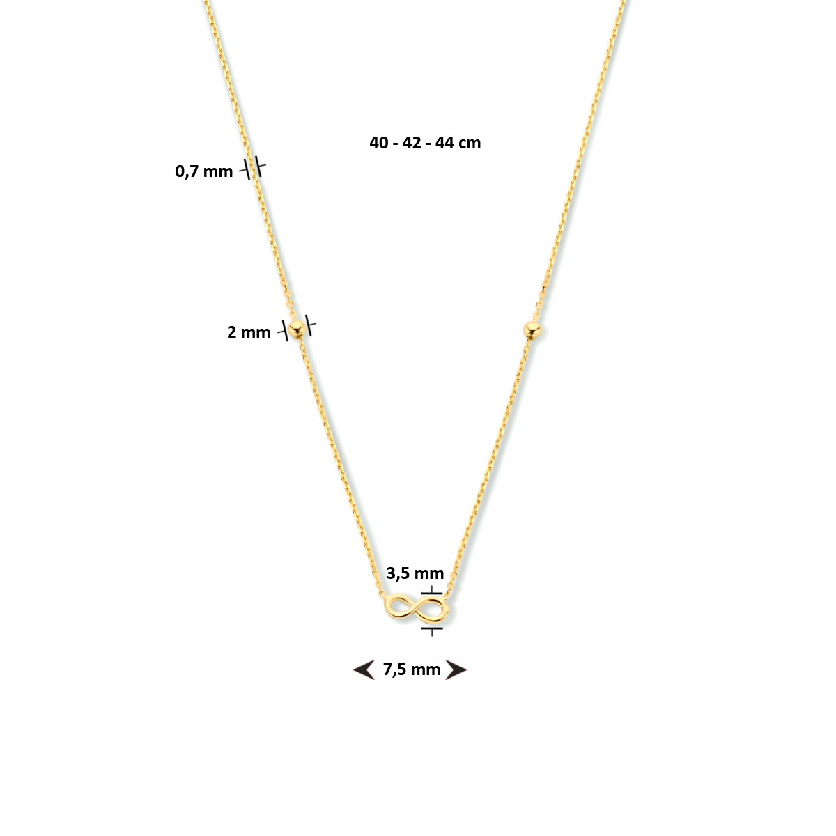 14-karaat gouden infinity ketting met bolletjes - Lengte 40 - 42 - 44 cm