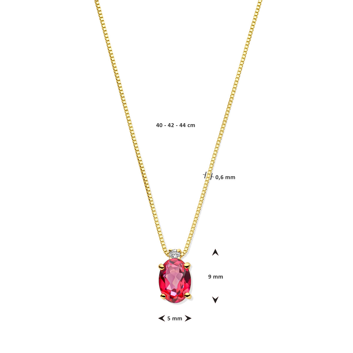 14-karaat gouden ket met rode/roze topaas en diamant 0.02 crt - Lengte 40 cm, 42 cm, 44 cm