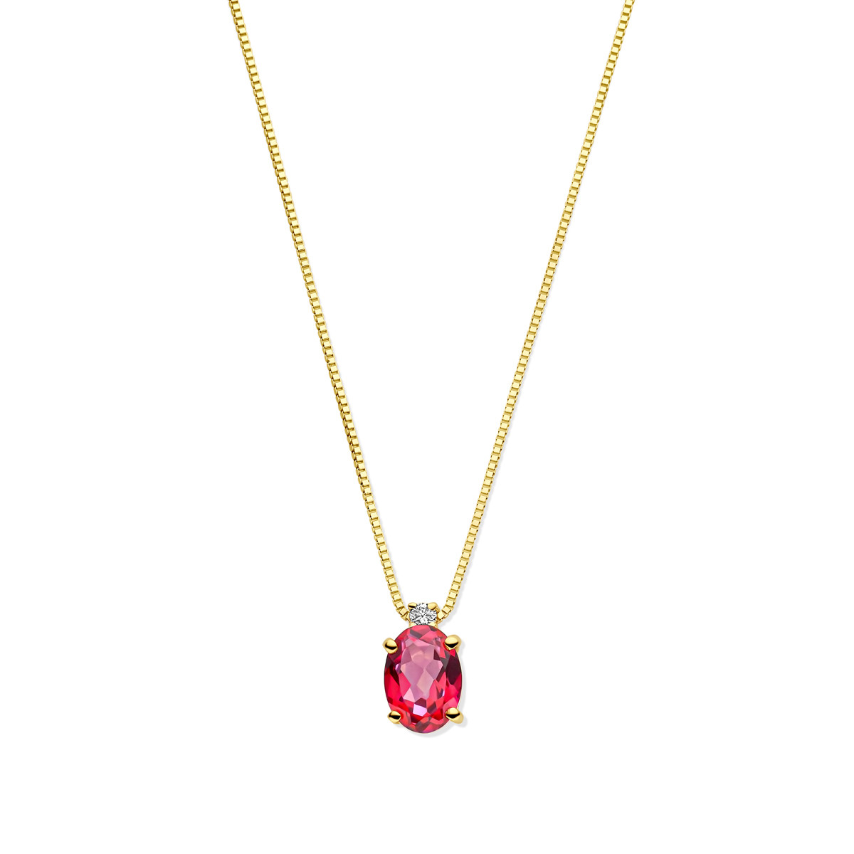 14-karaat gouden ket met rode/roze topaas en diamant 0.02 crt - Lengte 40 cm, 42 cm, 44 cm