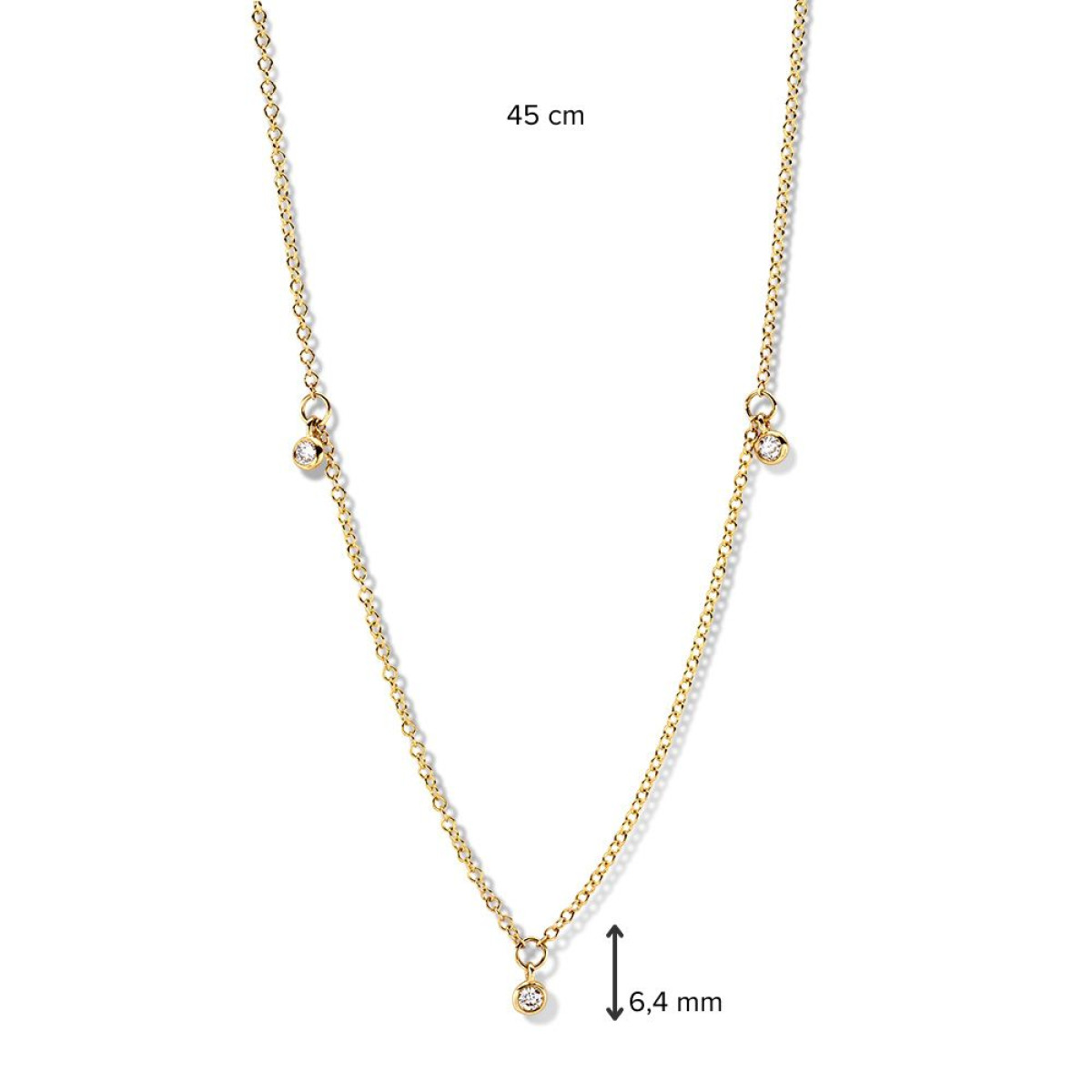 14-karaat gouden ketting met 3 ronde diamantjes - Lengte 42-45 cm