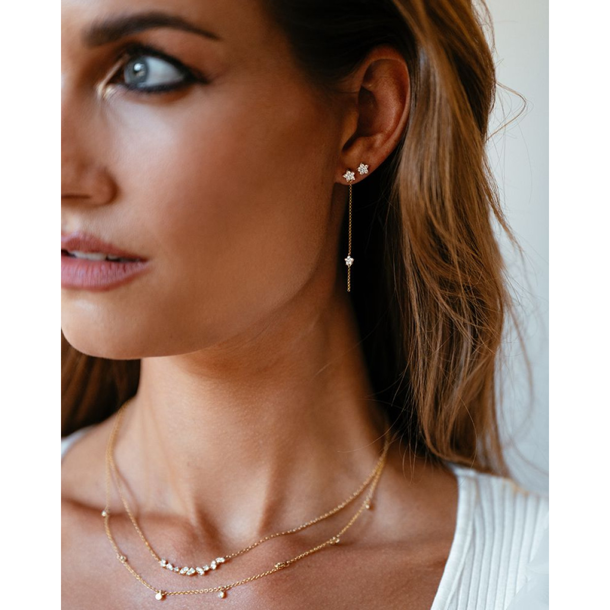 14-karaat gouden ketting met 7 ronde diamantjes - Lengte 42-45 cm