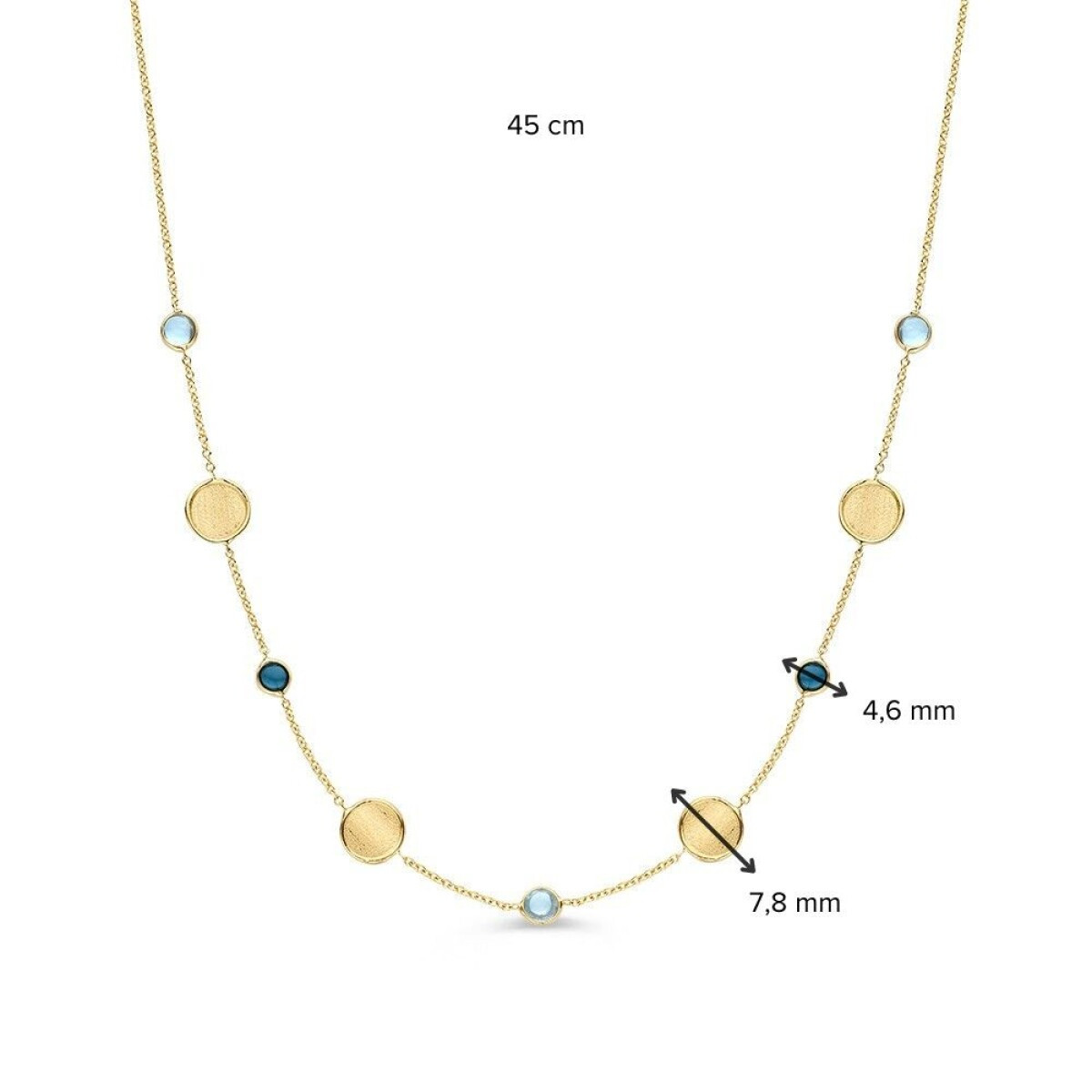 14-karaat gouden ketting met blauwe topaas en matte cirkels - Lengte 45 cm