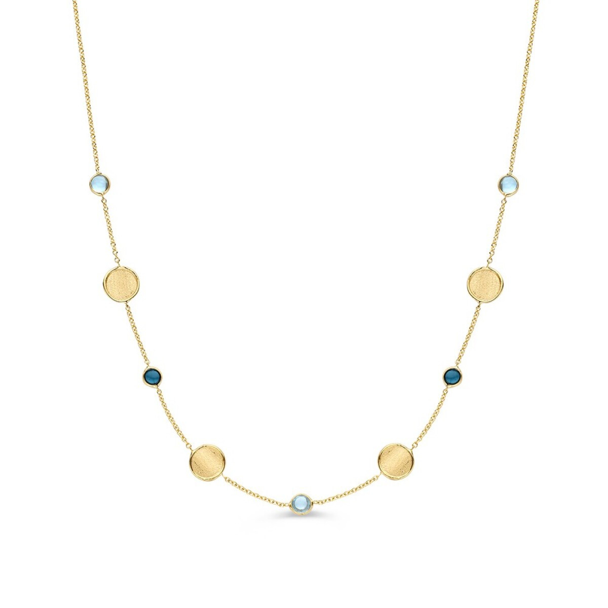 14-karaat gouden ketting met blauwe topaas en matte cirkels - Lengte 45 cm