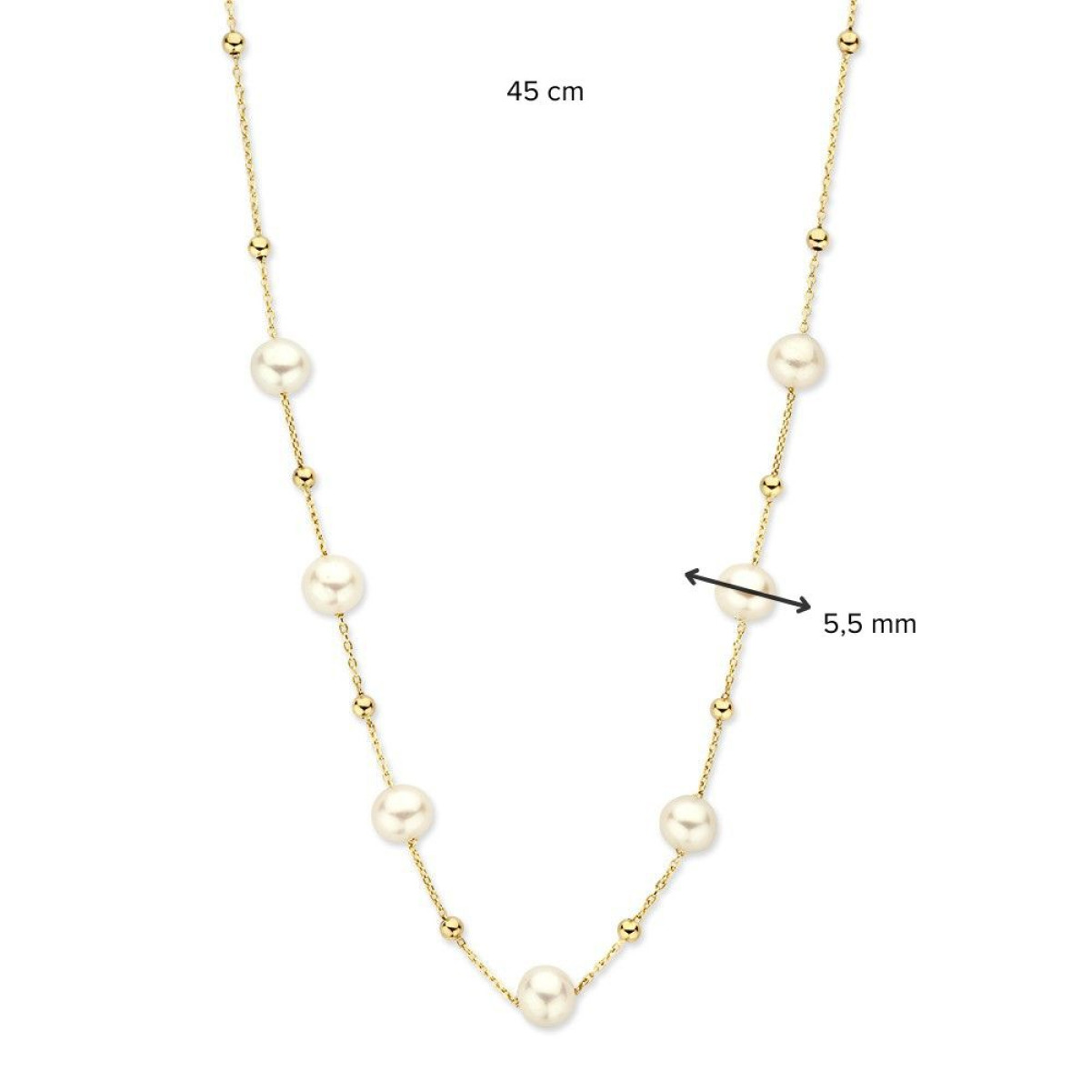 14-karaat gouden ketting met bolletjes en witte parels van 5.5 mm - Lengte 45 cm