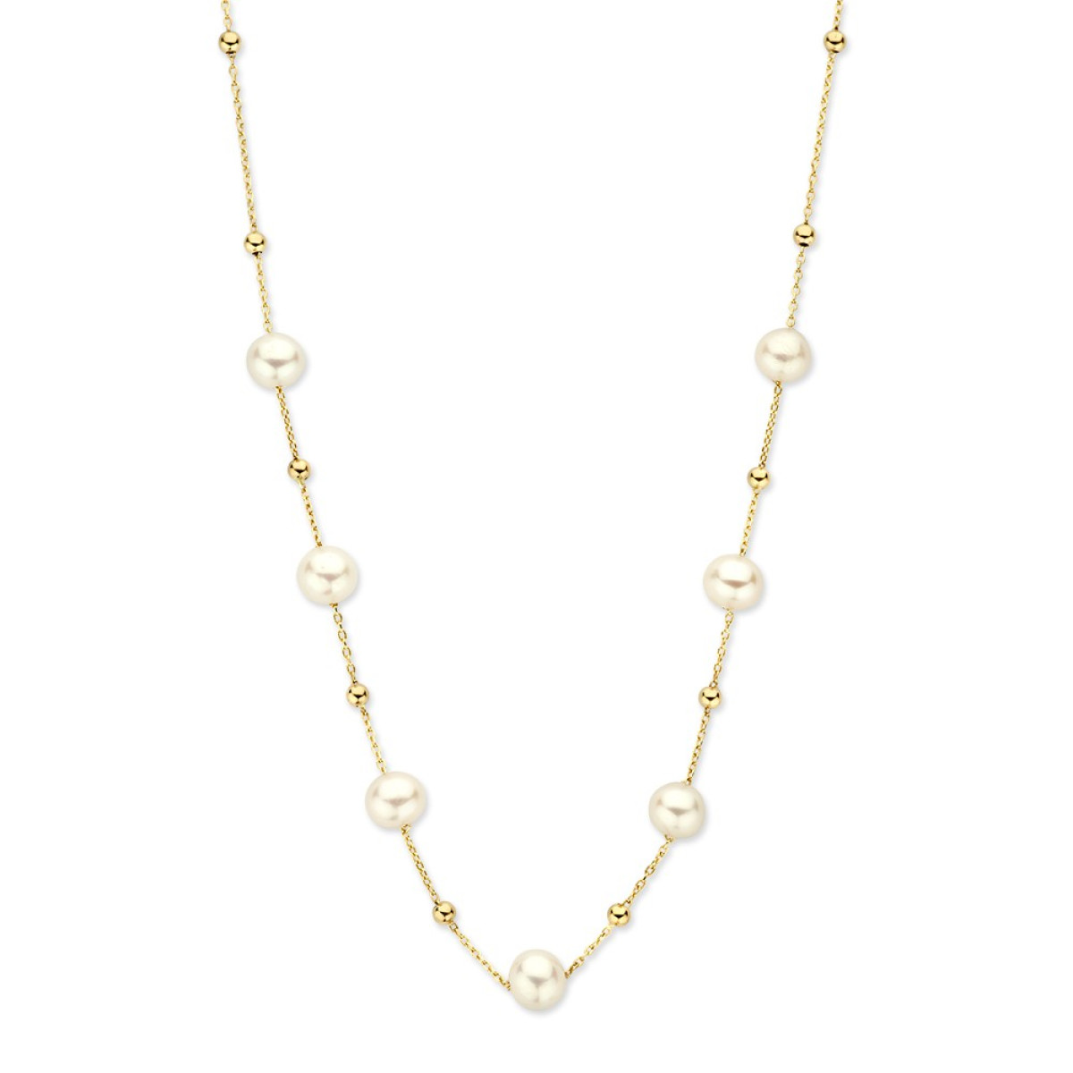 14-karaat gouden ketting met bolletjes en witte parels van 5.5 mm - Lengte 45 cm