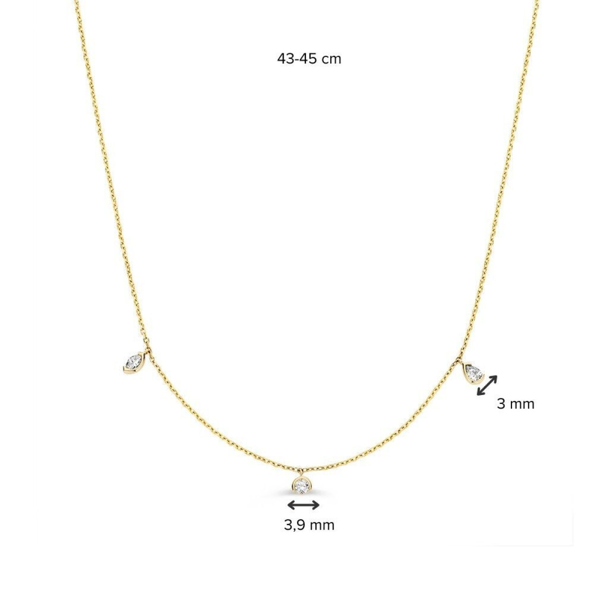 14-karaat gouden ketting met drie diamanten hangers 0.24 crt - Lengte 43,45 cm