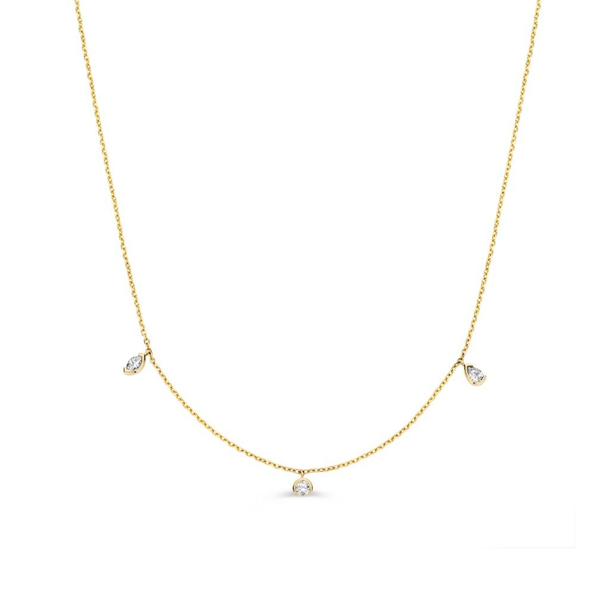 14-karaat gouden ketting met drie diamanten hangers 0.24 crt - Lengte 43,45 cm