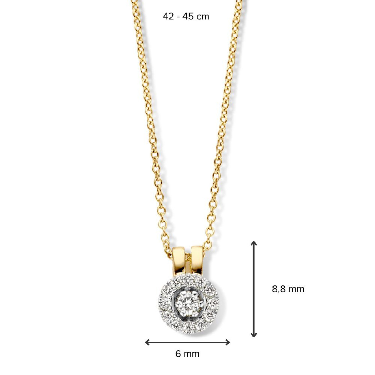 14-karaat gouden ketting met een ronde diamanten hanger - Lengte 43-45 cm