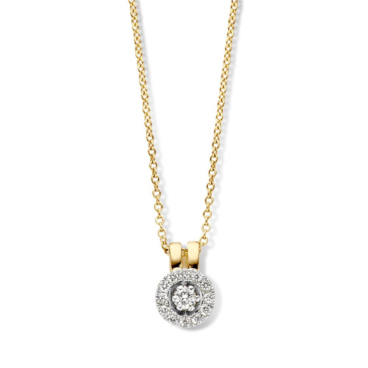 14-karaat gouden ketting met een ronde diamanten hanger - Lengte 43-45 cm