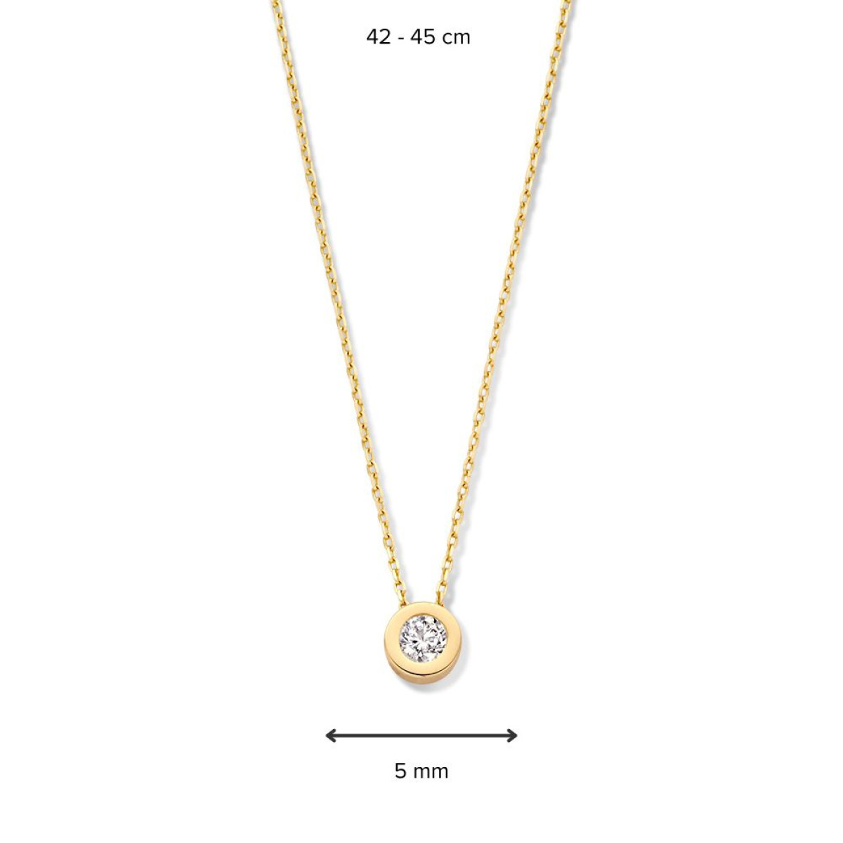 14-karaat gouden ketting met een ronde zirkonia hanger - Lengte 42-45 cm