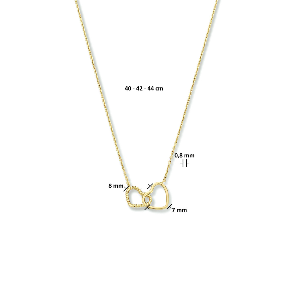 14-karaat gouden ketting met gedraaid en glanzend hartje - Lengte 40-42-44 cm