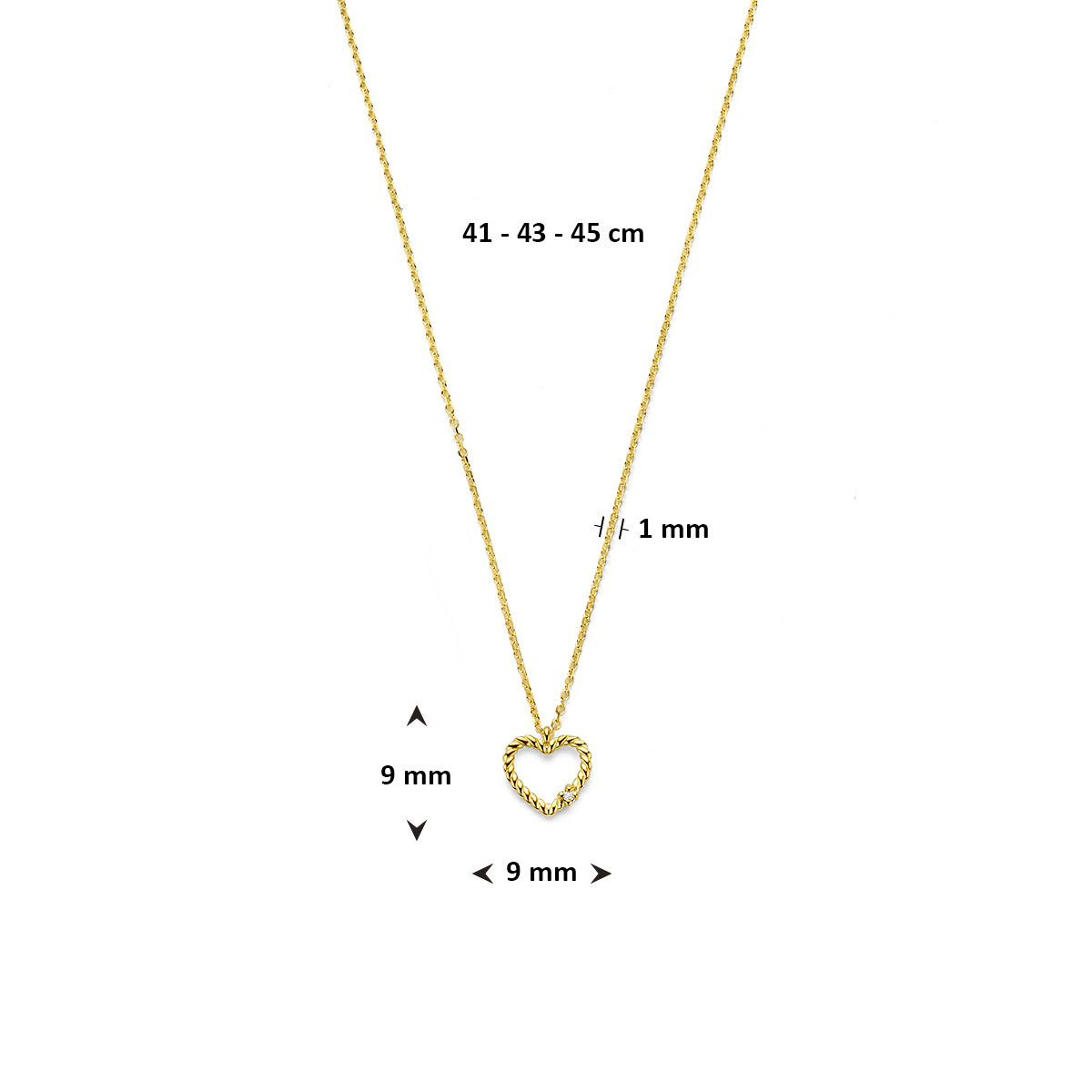 14-karaat gouden ketting met gedraaid hart en diamant 0.01 crt - Lengte 41-43-45 cm
