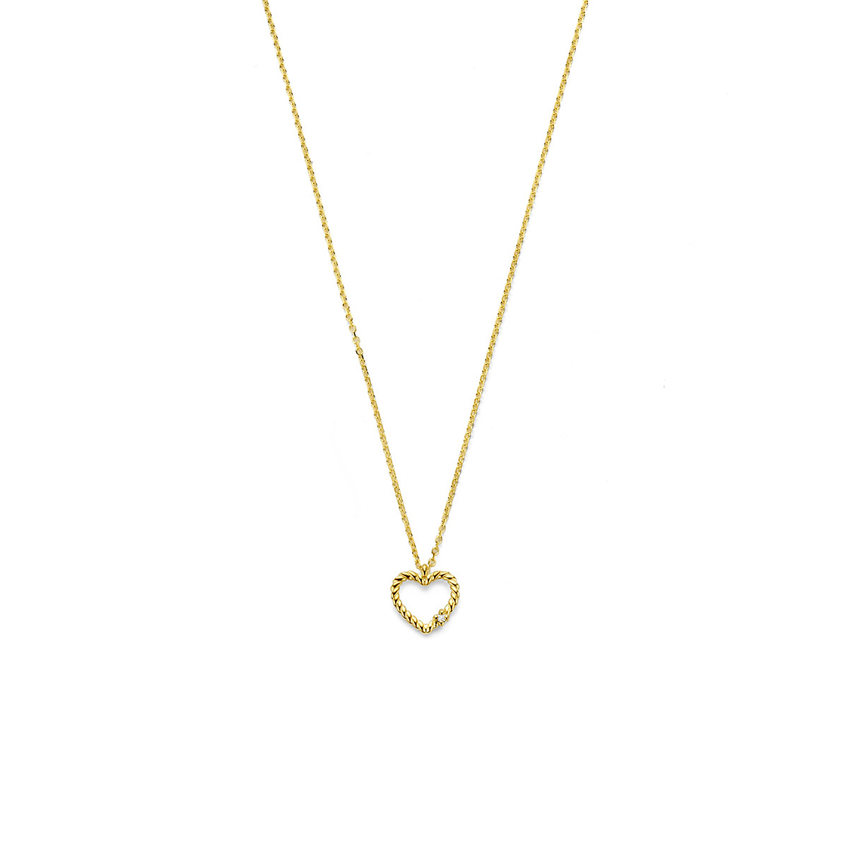 14-karaat gouden ketting met gedraaid hart en diamant 0.01 crt - Lengte 41-43-45 cm