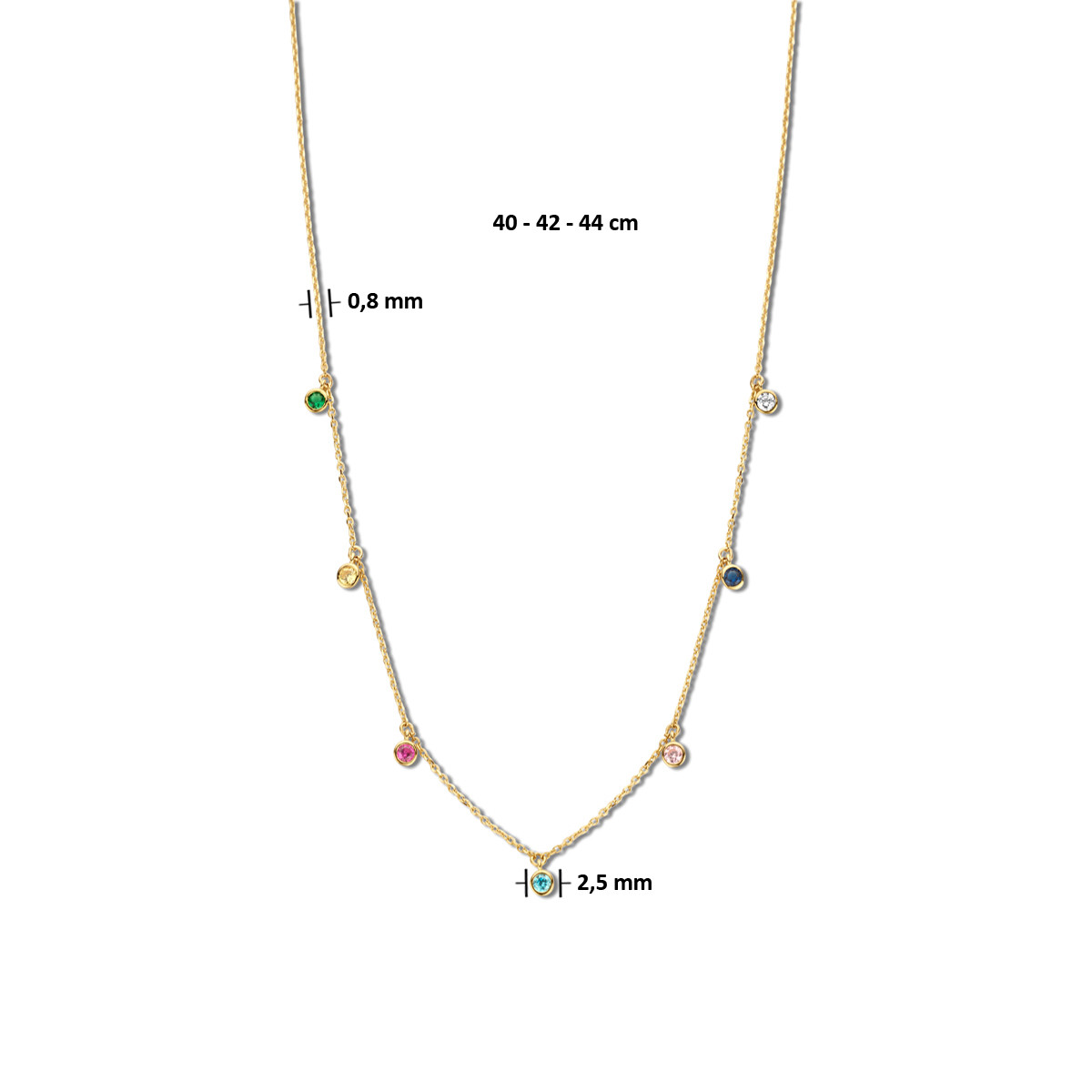 14-karaat gouden ketting met gekleurde zirkonia's 0.8 mm - Lengte 40 - 42 - 44 cm
