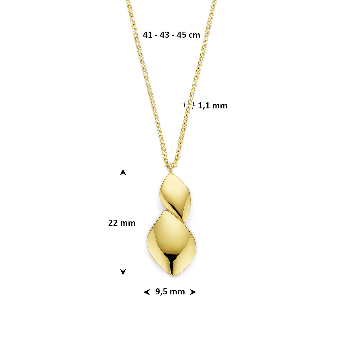 14-karaat gouden ketting met glanzende abstracte hanger 1.1 mm breed - Lengte 41-43-45 cm