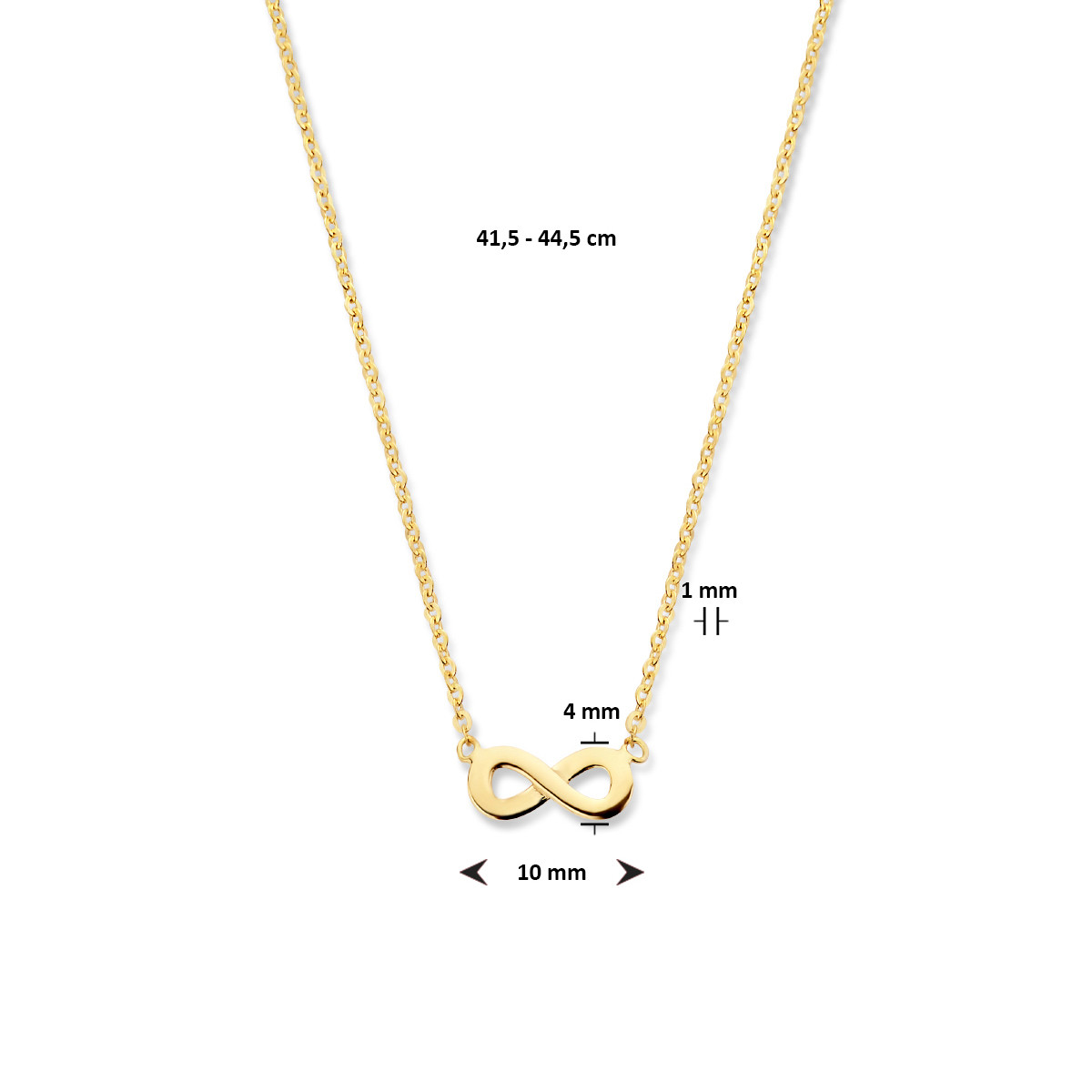 14-karaat gouden ketting met glanzende infinity hanger 1.1 mm breed - Lengte 44.5 cm
