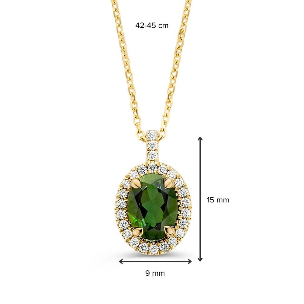 14-karaat gouden ketting met groene toermalijn hanger en halo van diamanten 0.14 crt - Lengte 42-45 cm