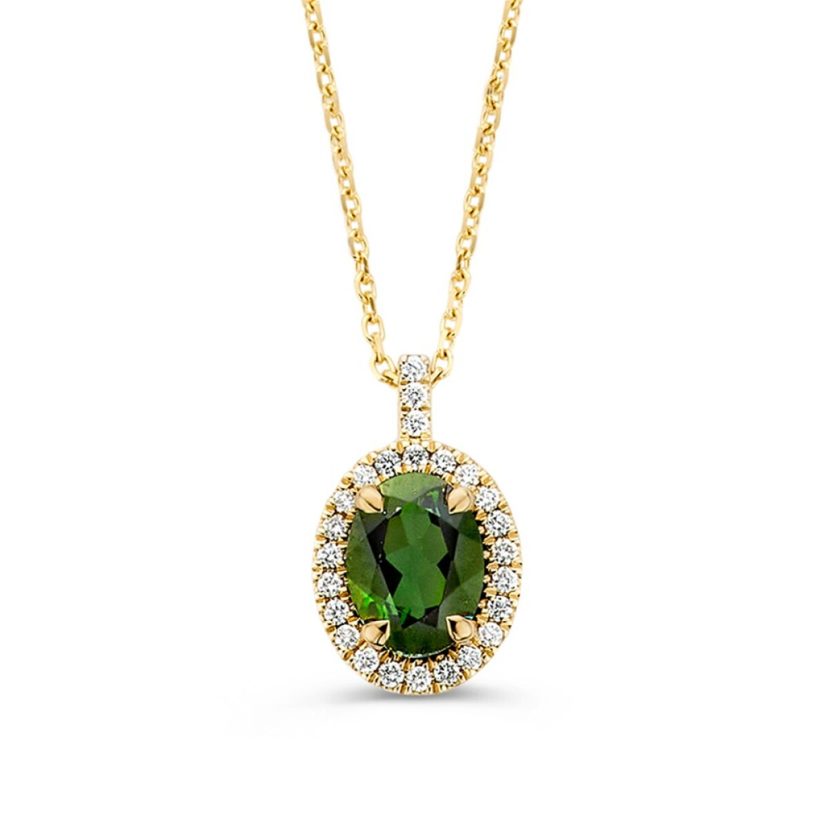 14-karaat gouden ketting met groene toermalijn hanger en halo van diamanten 0.14 crt - Lengte 42-45 cm