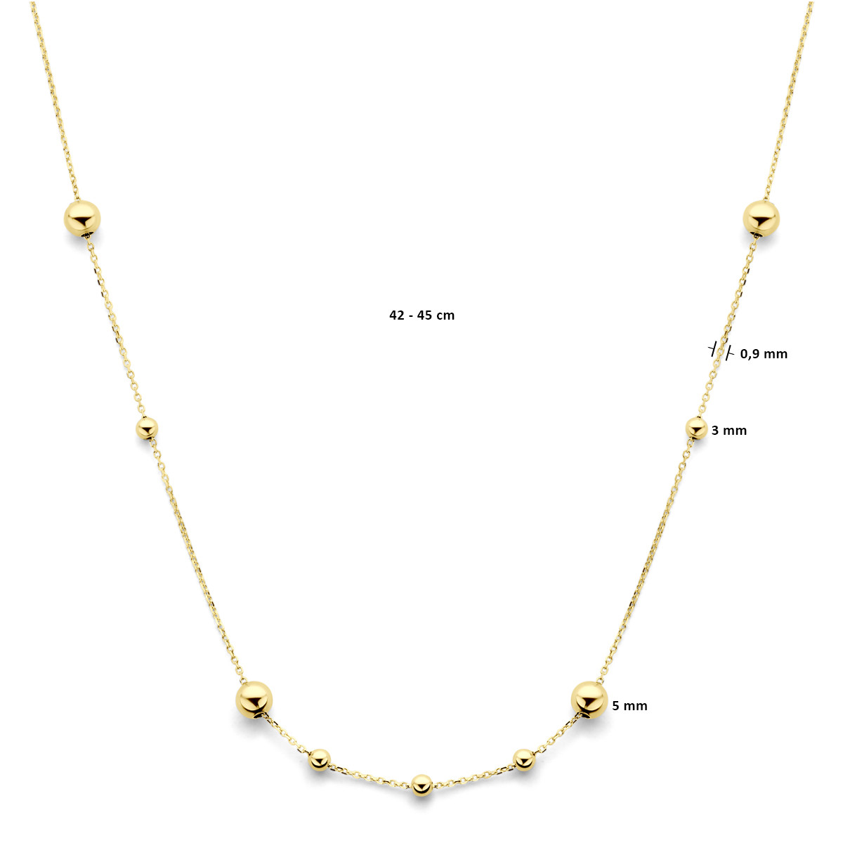 14-karaat gouden ketting met grote en kleine glanzende bolletjes - Lengte 42 cm, 45 cm
