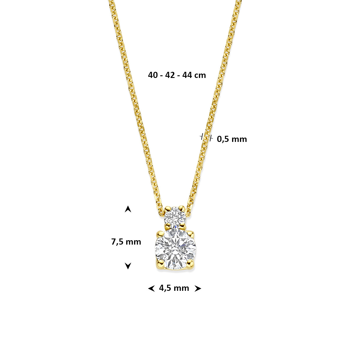 14-karaat gouden ketting met hanger van 2 lab grown 0.45 crt diamanten - Lengte 40-42-44 cm